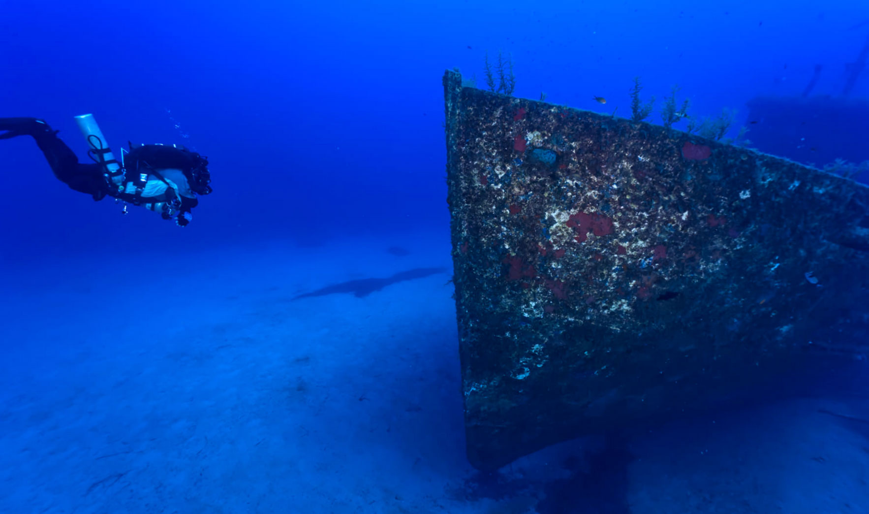 the diver is approaching Cominoland wreck underwater