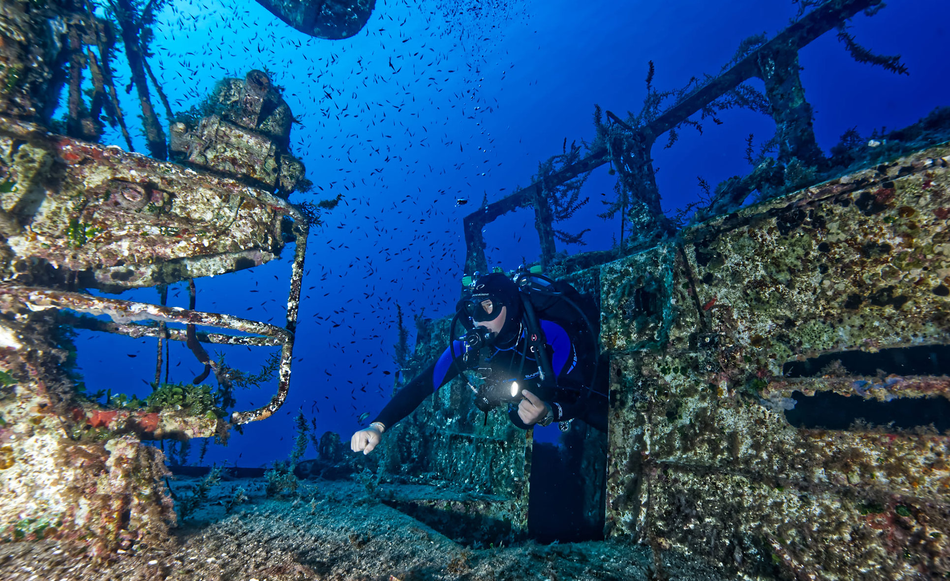 diver exiting a wreck